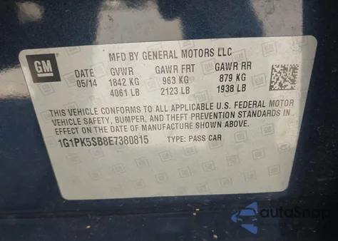 2014 Chevrolet Cruze Lt z USA, uszkodzony, nr VIN 1G1PK5SB8E7380815